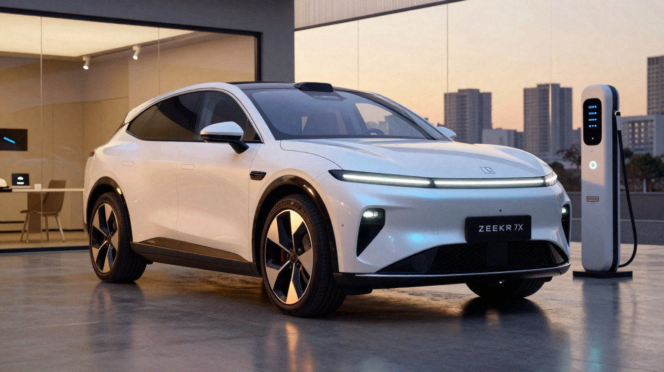Carro elétrico branco modelo Zeekr 7X estacionado ao lado de estação de carregamento na cidade ao entardecer.