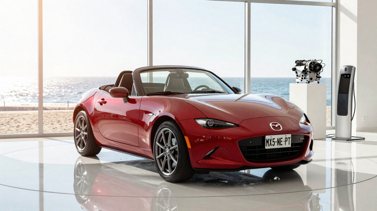 Carro esportivo conversível vermelho em showroom com vista para o mar ao fundo.