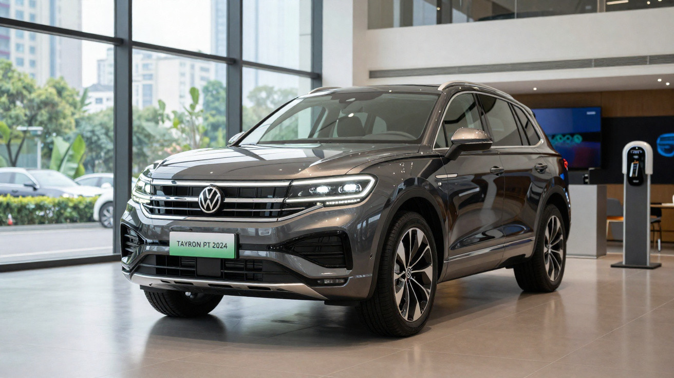 SUV cinza Volkswagen Tayron PT 2024 exibido em showroom moderno com grandes janelas.