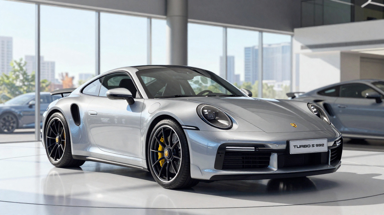 Carro esportivo cinza Porsche Turbo S 992 exibido em showroom moderno com janelas grandes.
