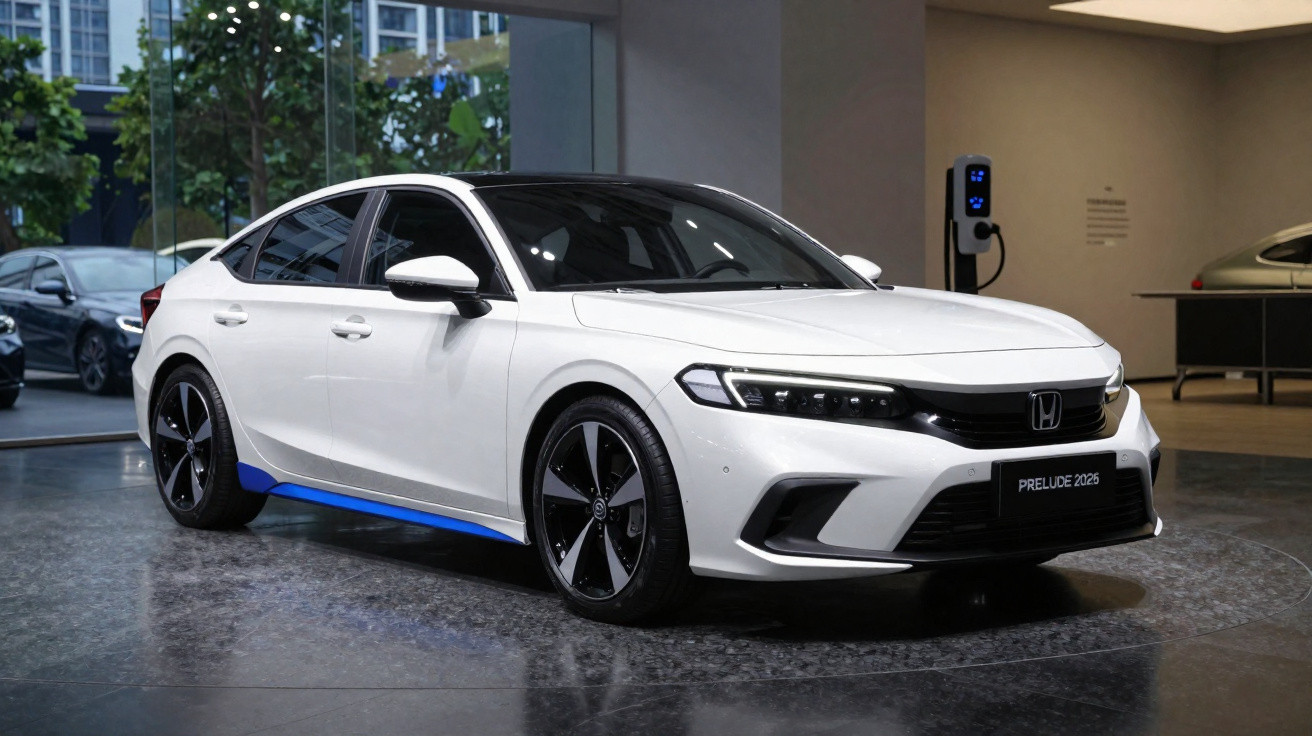 Carro branco Honda Prelude 2025 em exposição, com rodas pretas e detalhes azuis, em ambiente interno moderno.