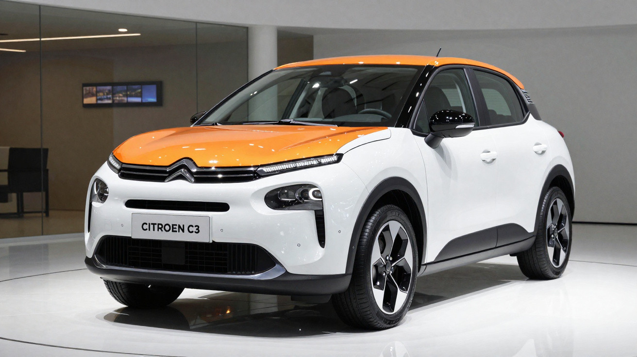 Carro Citroën C3 branco com teto e capô laranja estacionado em ambiente interno moderno.
