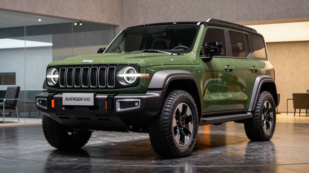 Carro SUV verde Avenger 4XE estacionado em ambiente interno moderno.