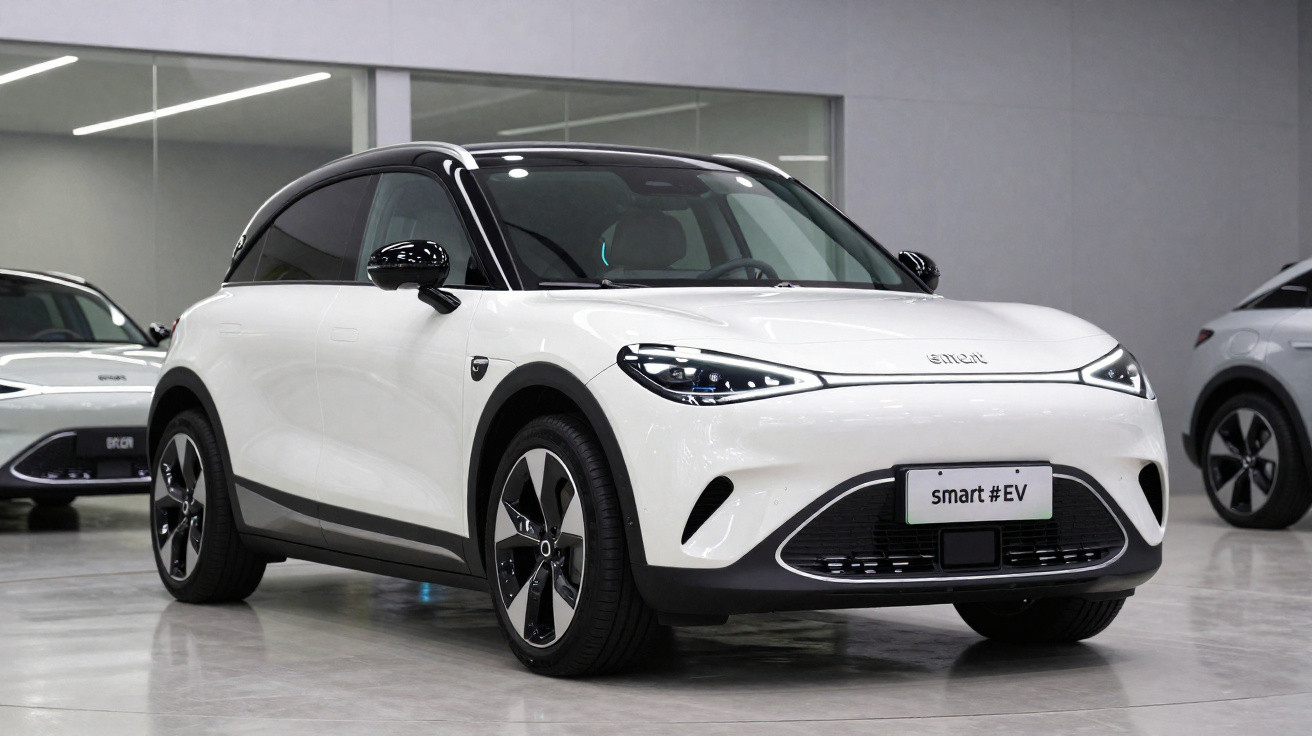 Carro elétrico branco Smart EV estacionado em ambiente interno com fundo cinza.