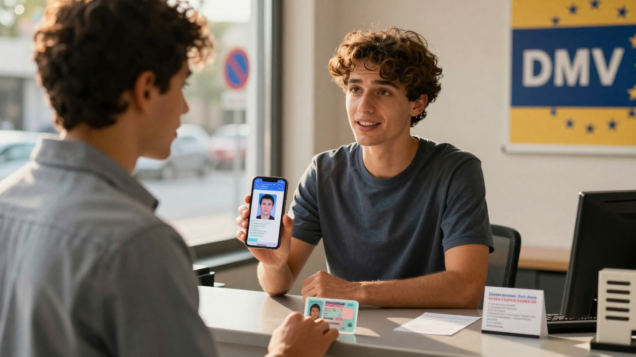 Jovem mostrando documento digital enquanto atende outra pessoa no balcão de um Detran.