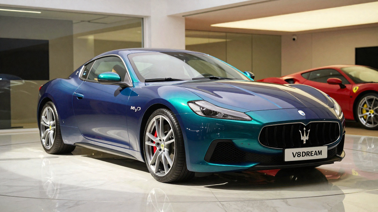 Carro esportivo Maserati azul metálico estacionado em showroom moderno com carro vermelho ao fundo.