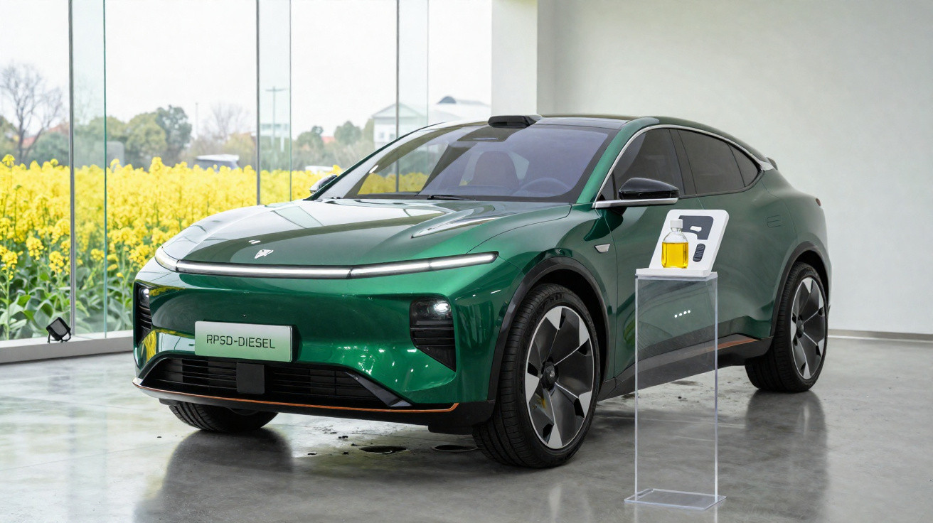 Carro elétrico verde exibido em ambiente interno com painel informativo ao lado e campo de flores amarelas ao fundo.