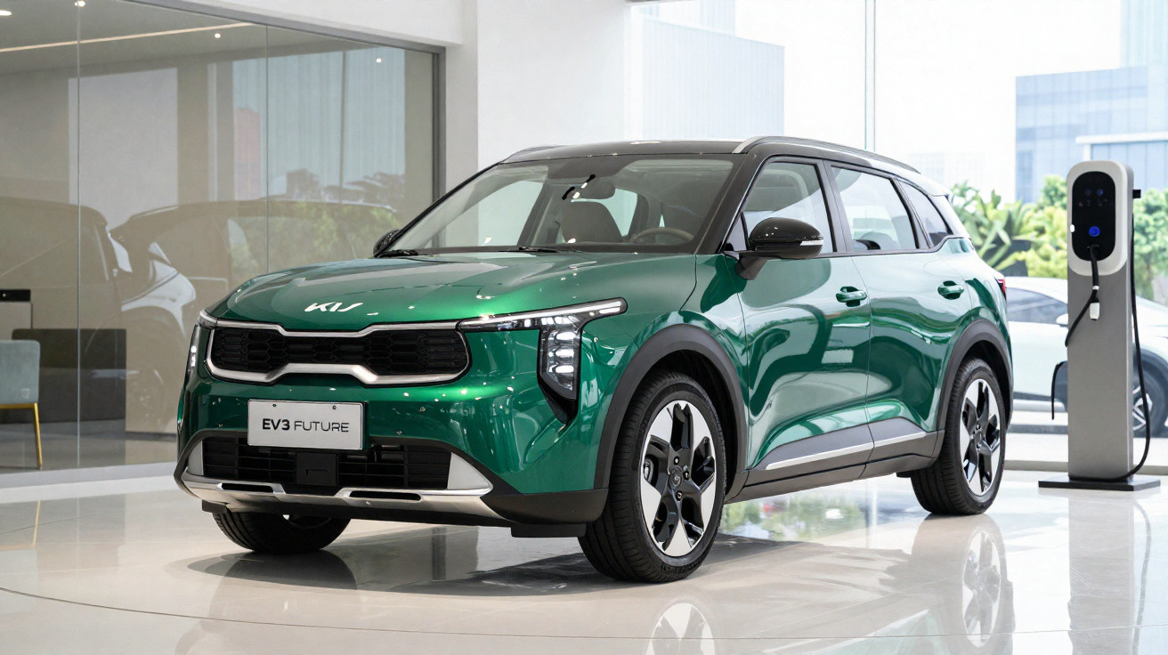 Carro elétrico SUV verde Kia EV3 Future em showroom moderno com estação de carregamento ao fundo.