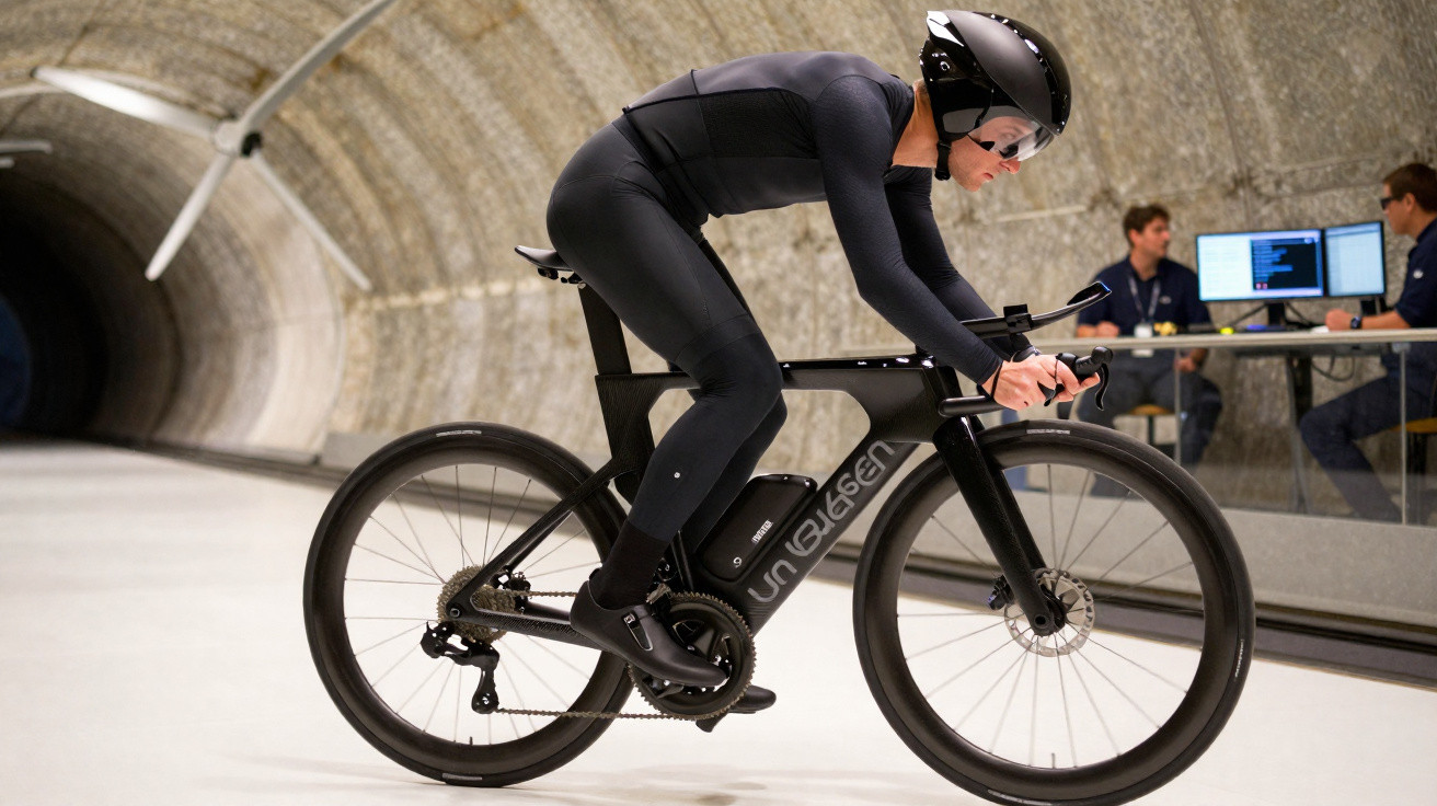 Homem andando de bicicleta elétrica aero dentro de túnel de parede curva com pessoas ao fundo.