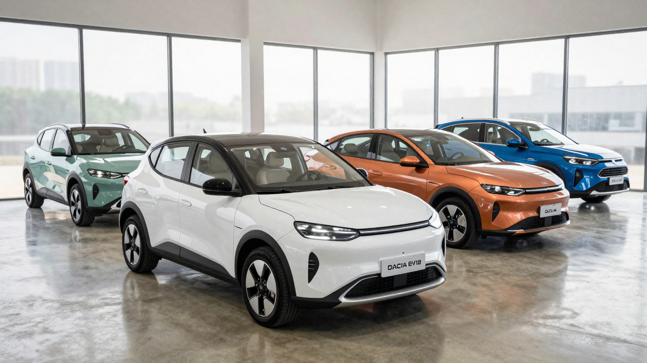 Quatro carros elétricos coloridos estacionados em showroom com piso de cimento polido.