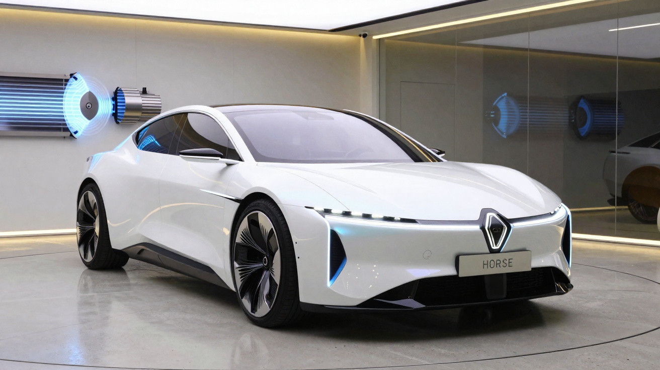 Carro elétrico branco futurista apresentado em ambiente interno com iluminação moderna e design aerodinâmico.