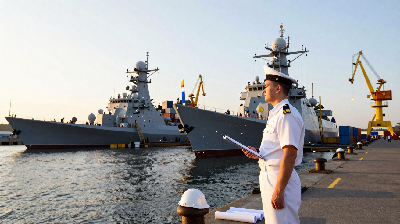Marinheiro em uniforme branco observa navios militares ancorados no porto ao entardecer.