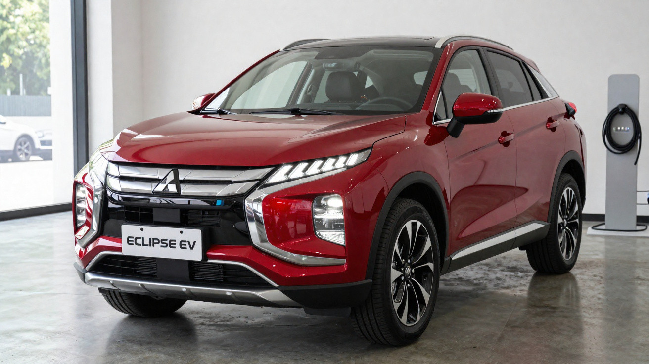 SUV elétrico vermelho Mitsubishi Eclipse EV estacionado em ambiente interno moderno.