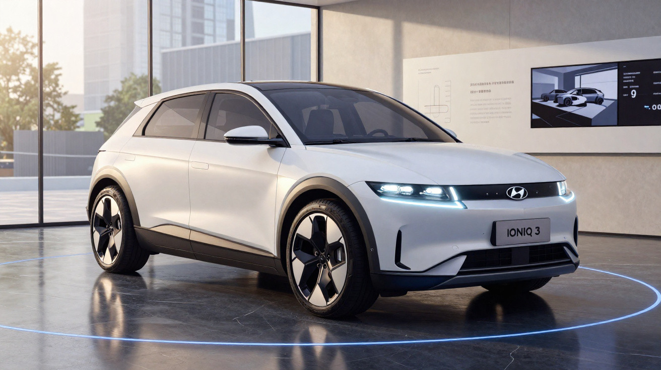 Carro elétrico Hyundai Ioniq 3 branco em exposição em ambiente interno moderno com luz natural.