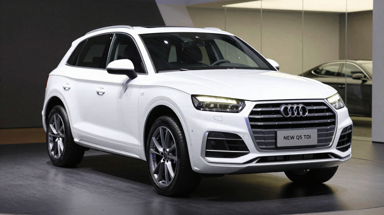 Carro SUV branco Audi Q5 TDI estacionado em ambiente interno com iluminação suave.