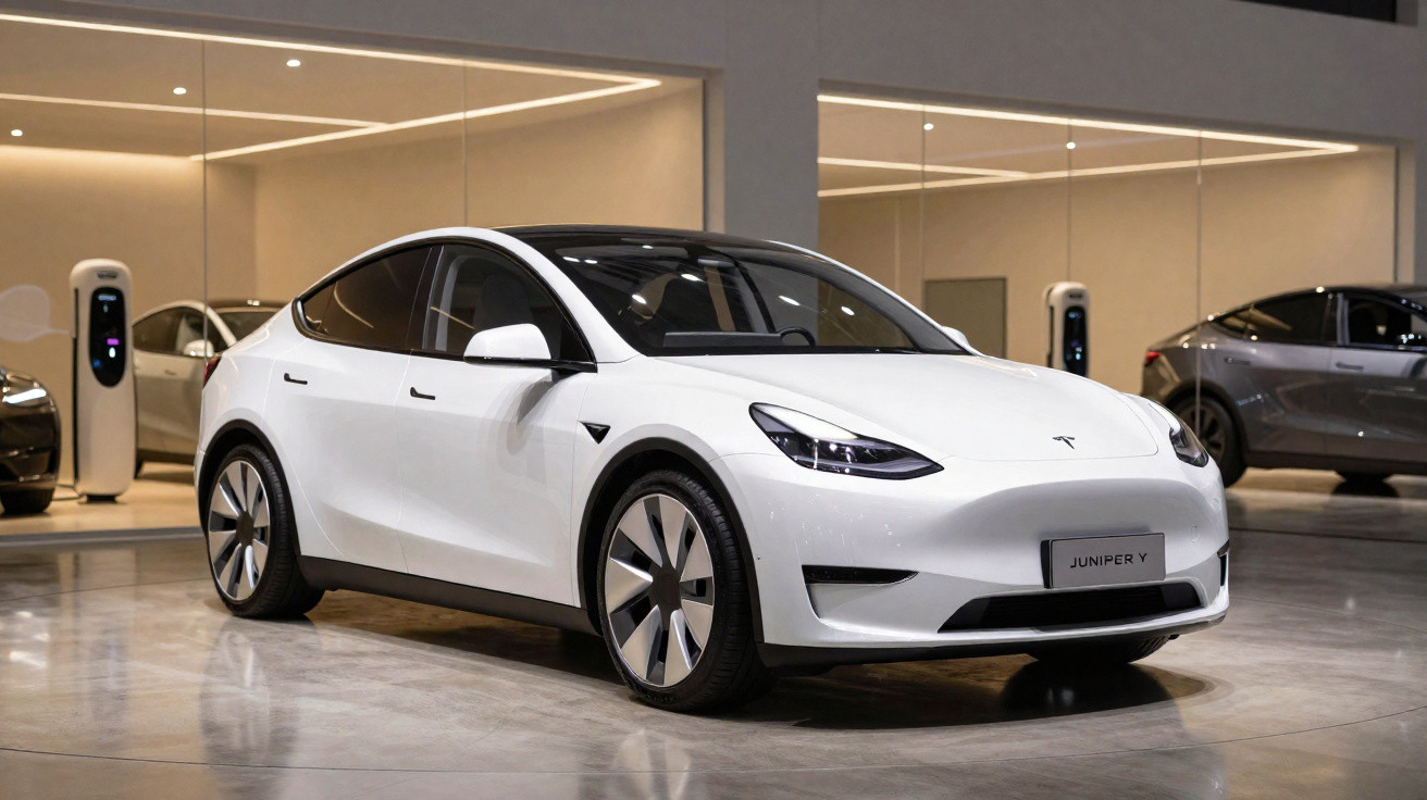 Carro elétrico branco Tesla Model Y estacionado em showroom moderno com piso refletivo.