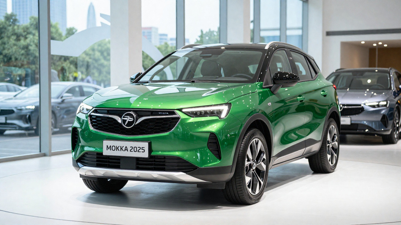 Carro SUV verde Mokka 2025 exposto em showroom moderno com grande janela de vidro.