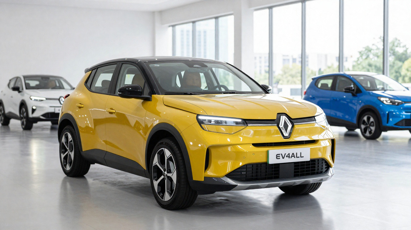 Carro elétrico Renault EV4ALL amarelo em exposição, com outros veículos ao fundo em showroom moderno.