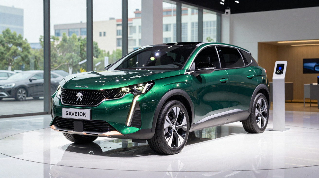 Carro SUV verde metálico Peugeot 3008 exposto em showroom moderno com iluminação natural e painel de madeira.