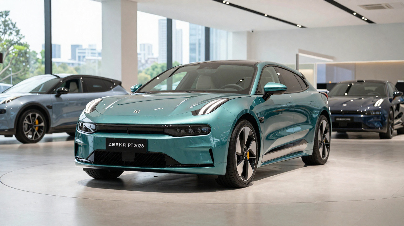 Carro elétrico verde Zeekr PT 2026 em destaque em showroom moderno com outros veículos ao fundo.