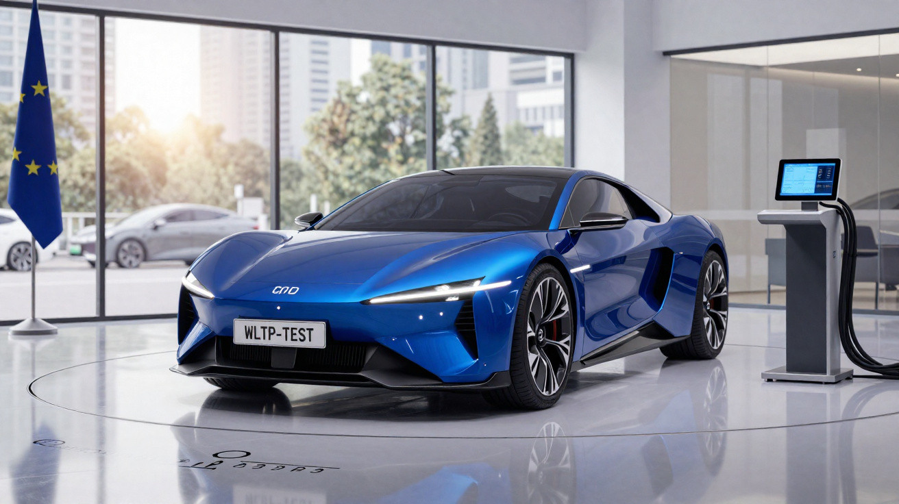 Carro esportivo azul elétrico em showroom moderno, conectado a estação de recarga, com janela e bandeira europeia ao fundo.