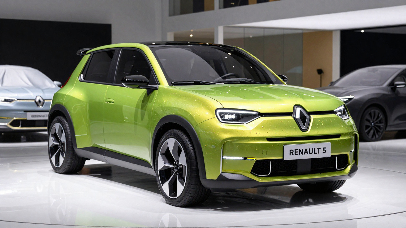 Carro elétrico Renault 5 verde em exposição em ambiente interno iluminado.