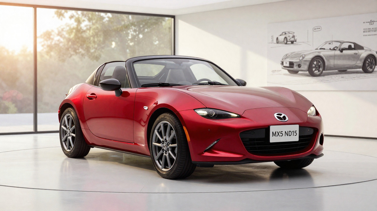 Carro esportivo conversível Mazda MX-5 vermelho exibido em showroom moderno e iluminado.