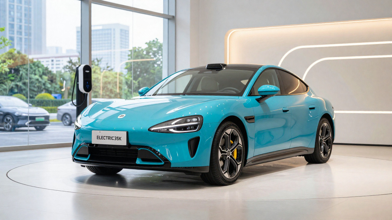 Carro elétrico esportivo azul exposto em showroom moderno com vidro ao fundo e carregador elétrico ao lado.