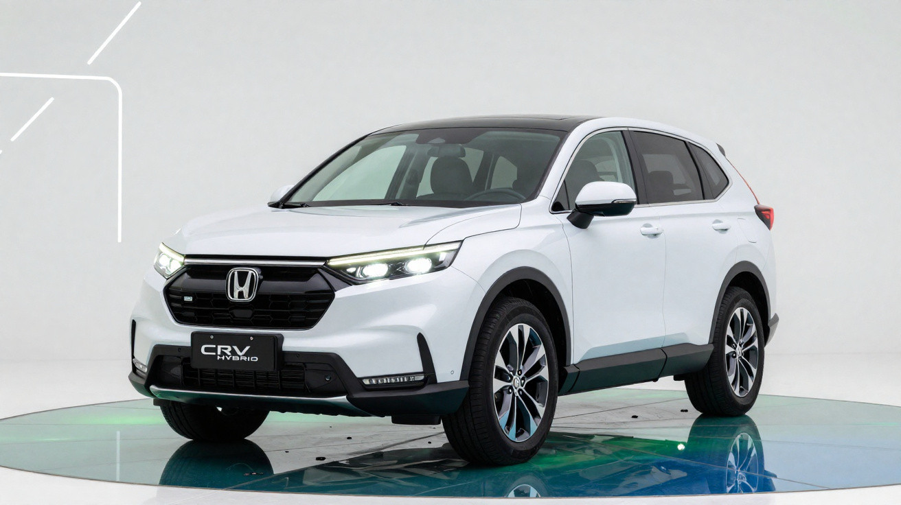 Carro SUV Honda CR-V híbrido branco com teto preto em estúdio com fundo neutro branco.