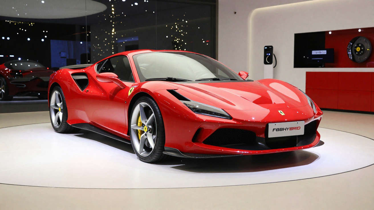 Carro esportivo Ferrari vermelho exposto em salão moderno com iluminação branca.