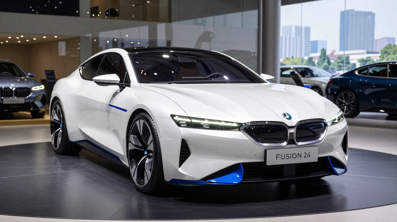 Carro esportivo branco BMW Fusion 24 exposto em showroom moderno com detalhes azuis e pneus grandes.
