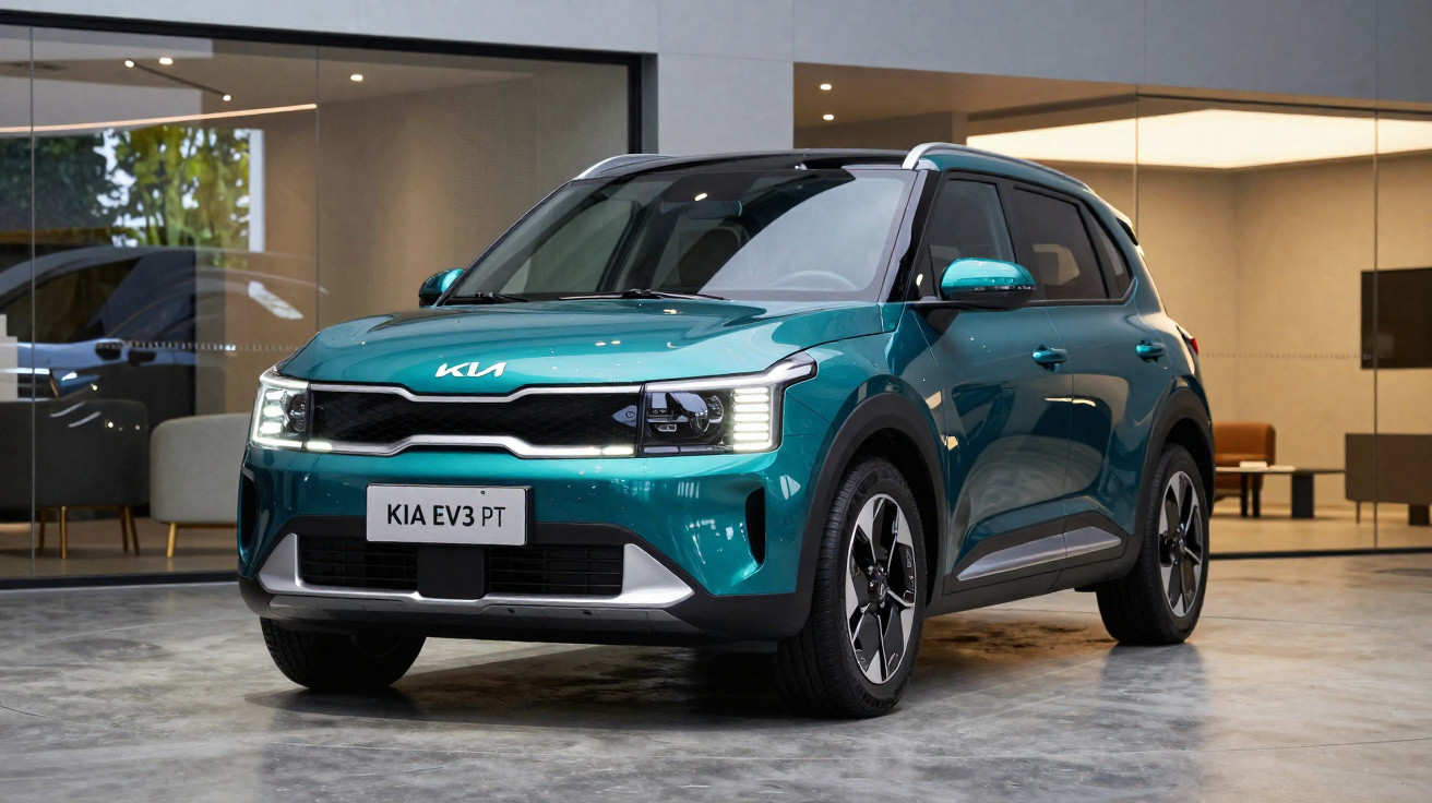 Carro elétrico Kia EV3 PT verde estacionado em ambiente interno moderno com iluminação suave.