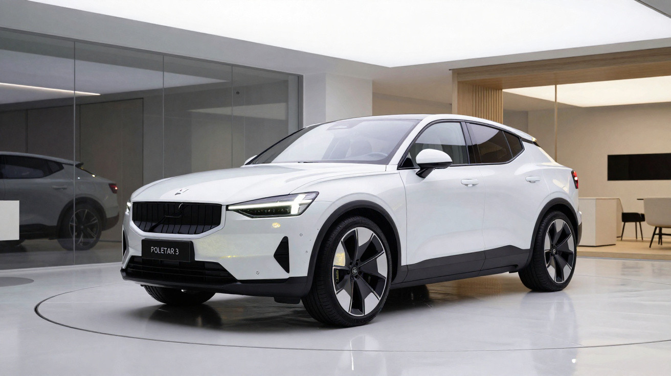 Carro elétrico branco Polestar 3 estacionado em showroom moderno com paredes de vidro e piso branco brilhante.
