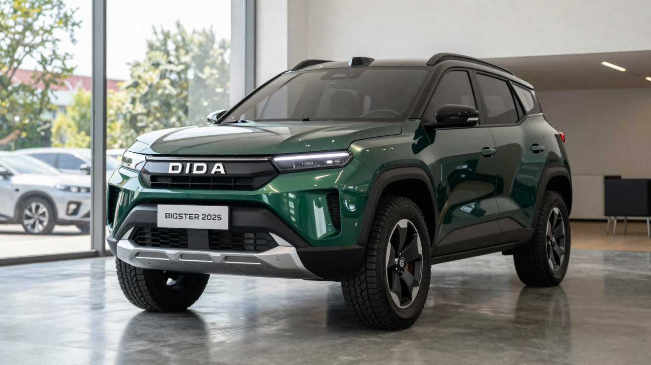 SUV verde Dida Bigster 2025 estacionado em showroom moderno com paredes claras.