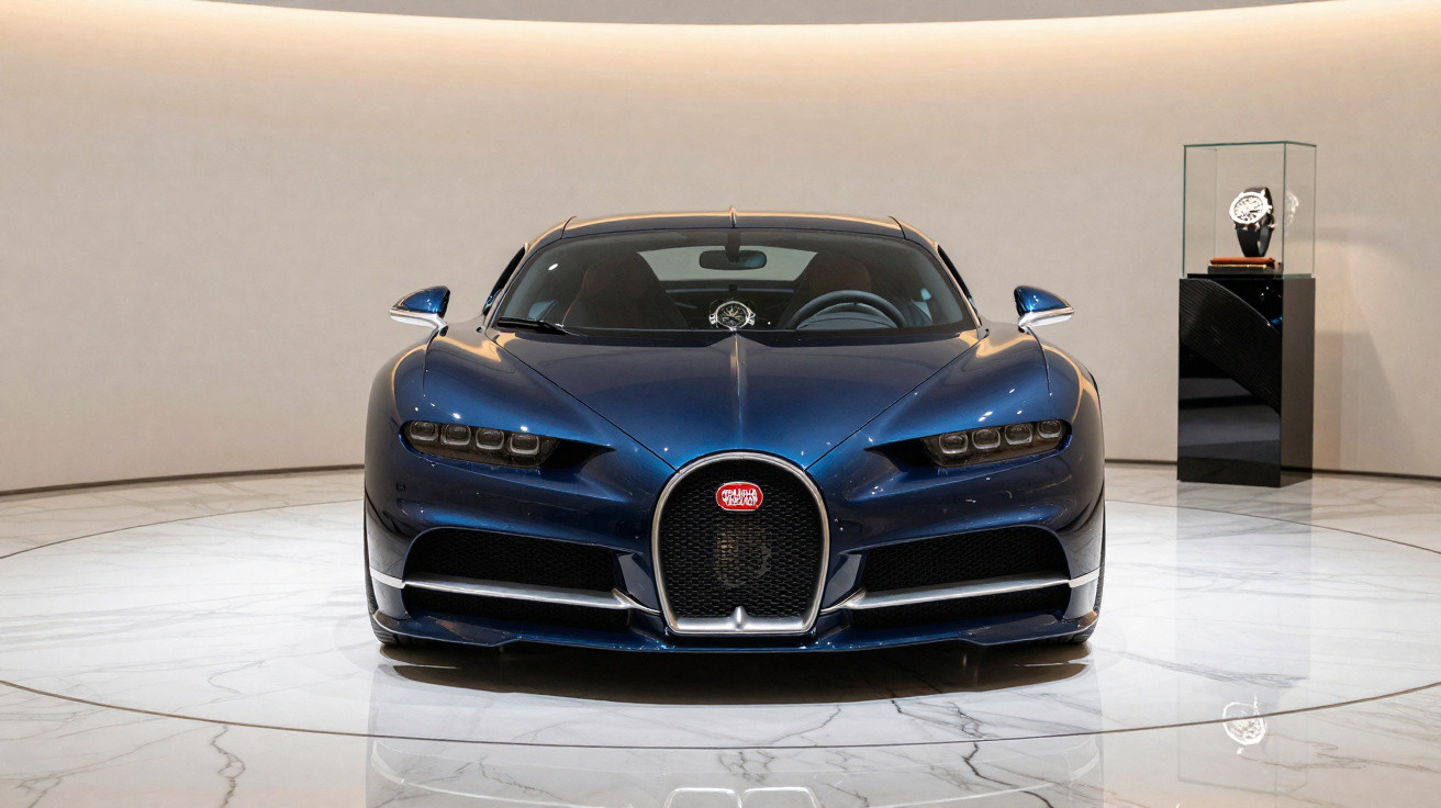 Carro esportivo Bugatti azul fóssil visto de frente em ambiente interno elegante.