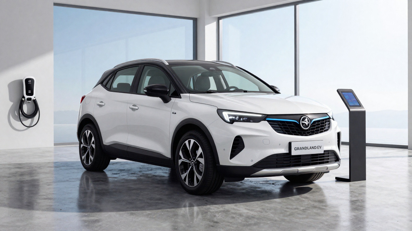 Carro elétrico branco Grandland EV estacionado em sala moderna com carregador na parede e painel touchscreen.