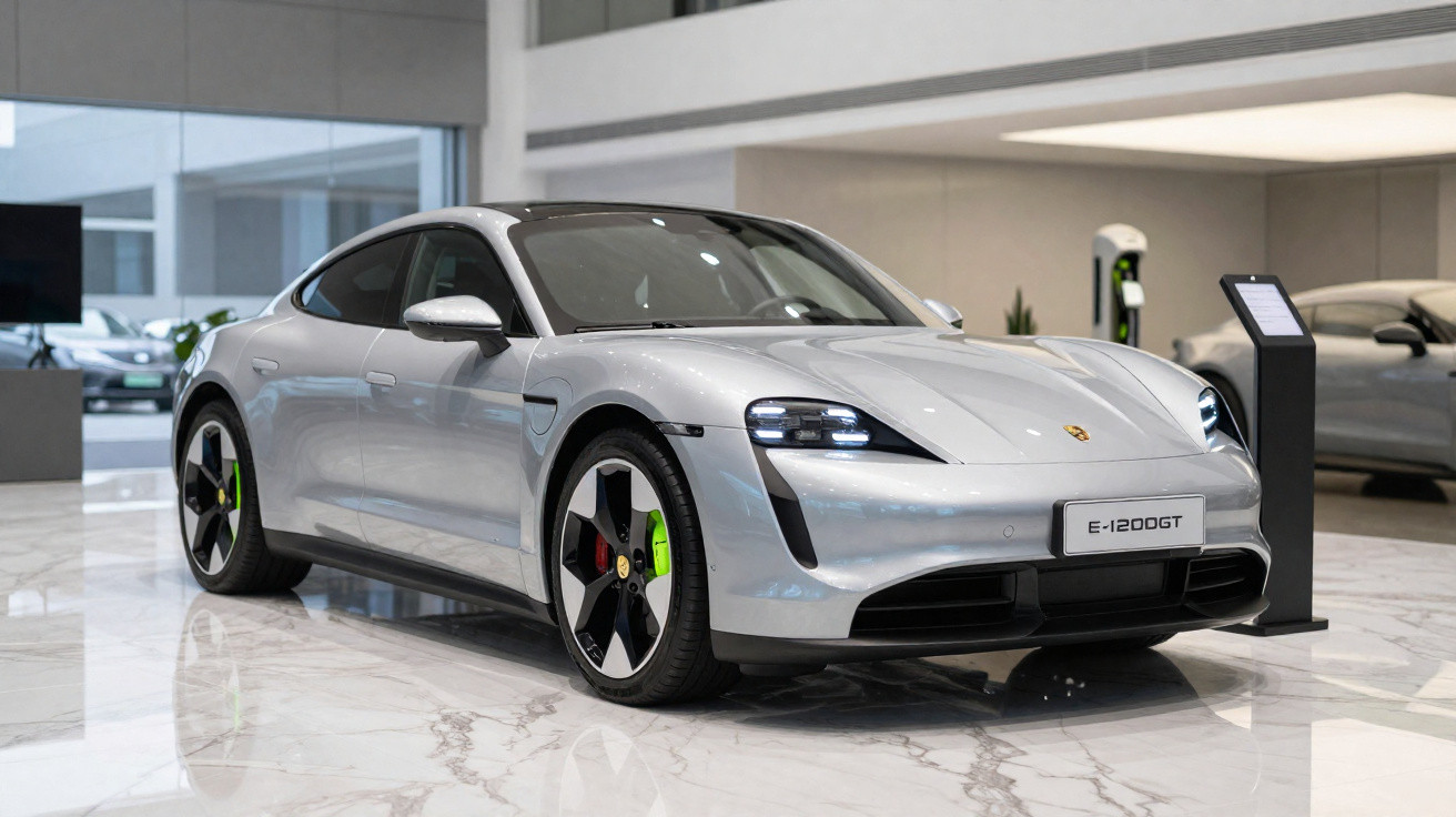 Carro elétrico esportivo Porsche Taycan prata exibido em showroom moderno com piso de mármore.