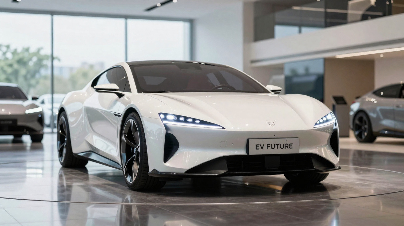 Carro esportivo elétrico branco com faróis de LED acesos em exposição interna moderna.