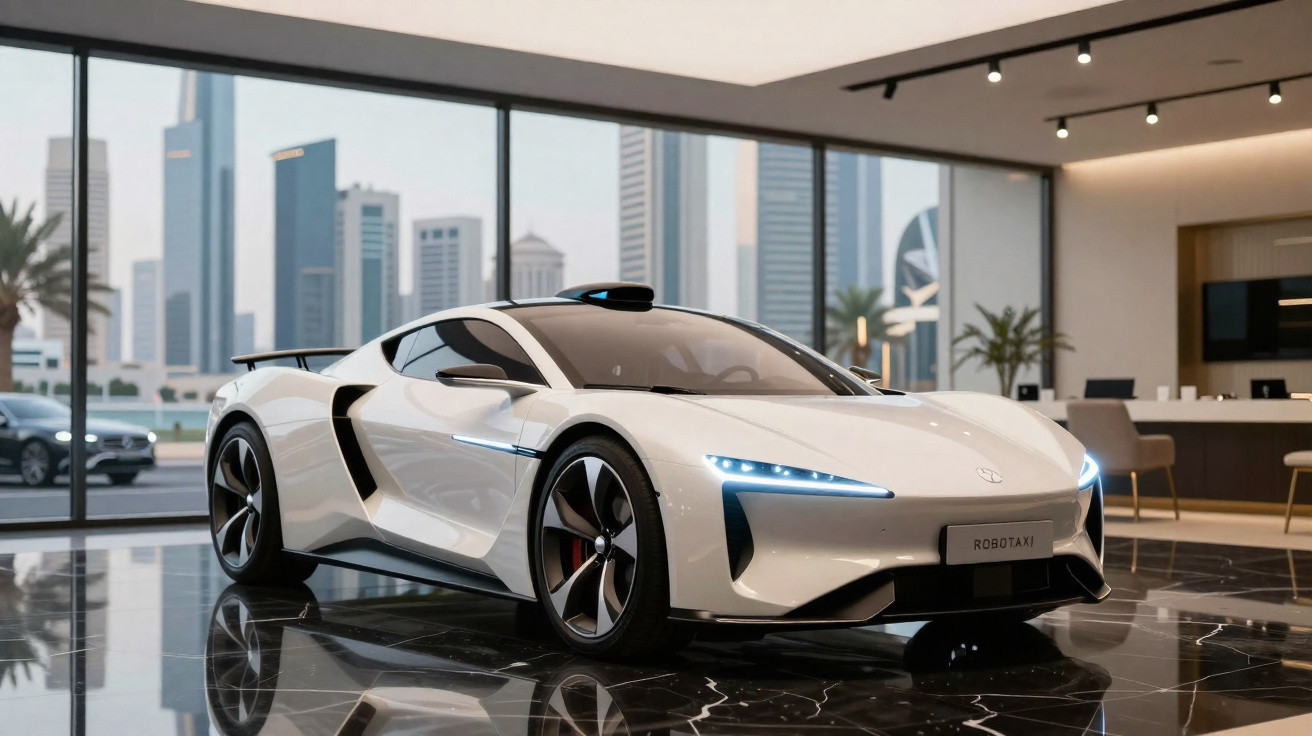 Carro esportivo branco com design futurista e faróis azuis em piso preto brilhante, dentro de sala moderna.