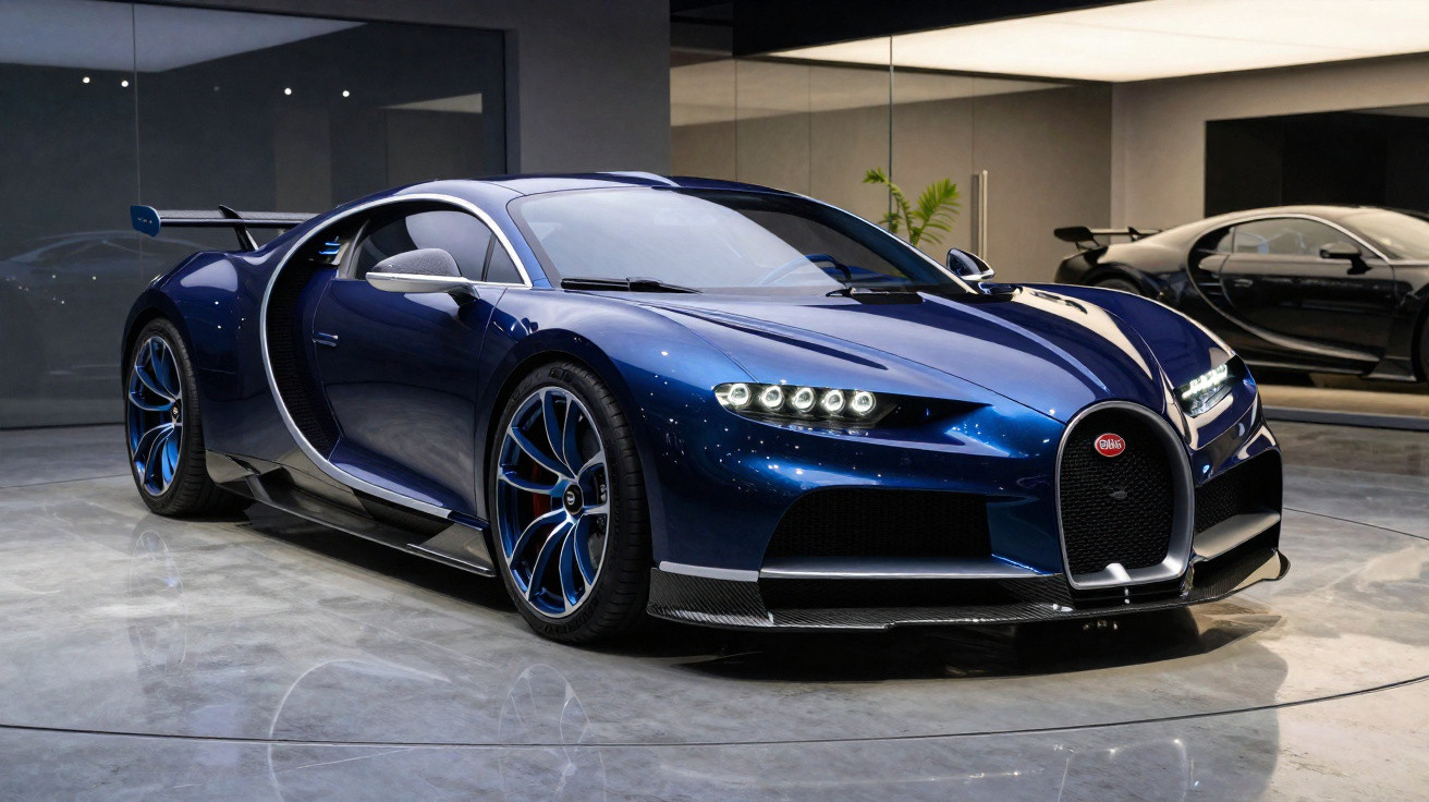 Carro esportivo azul metálico com detalhe em fibra de carbono exposto em salão moderno e iluminado.
