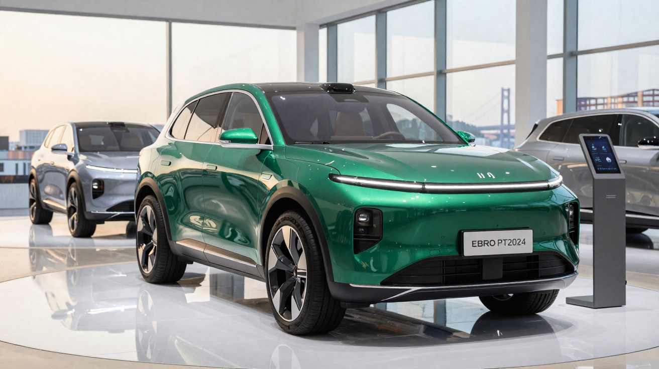 Carro elétrico verde modelo EBRO PT2024 exposto em showroom moderno com outros veículos ao fundo.