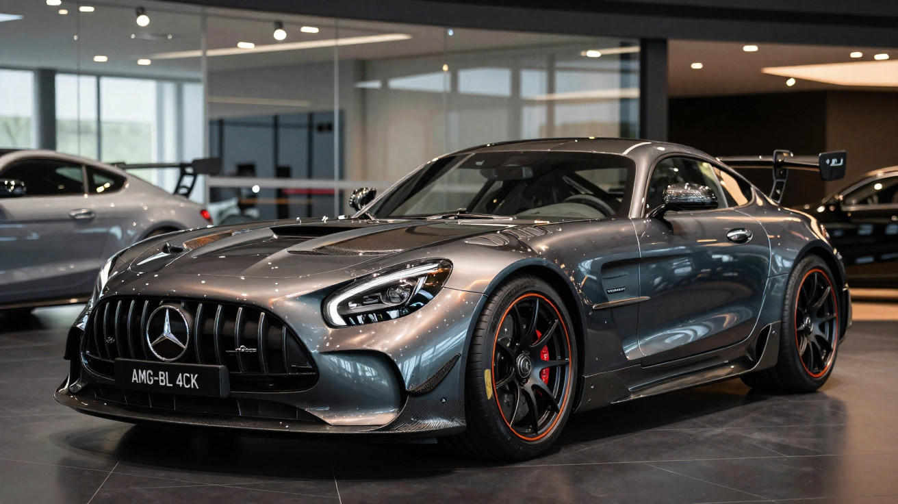 Carro esportivo Mercedes-Benz AMG GT prata em showroom com rodas pretas e detalhes em vermelho.