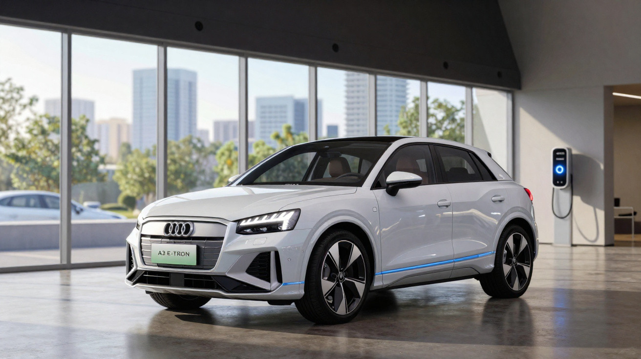 Carro elétrico branco Audi A3 e-tron estacionado em ambiente interno moderno com carregador na parede.