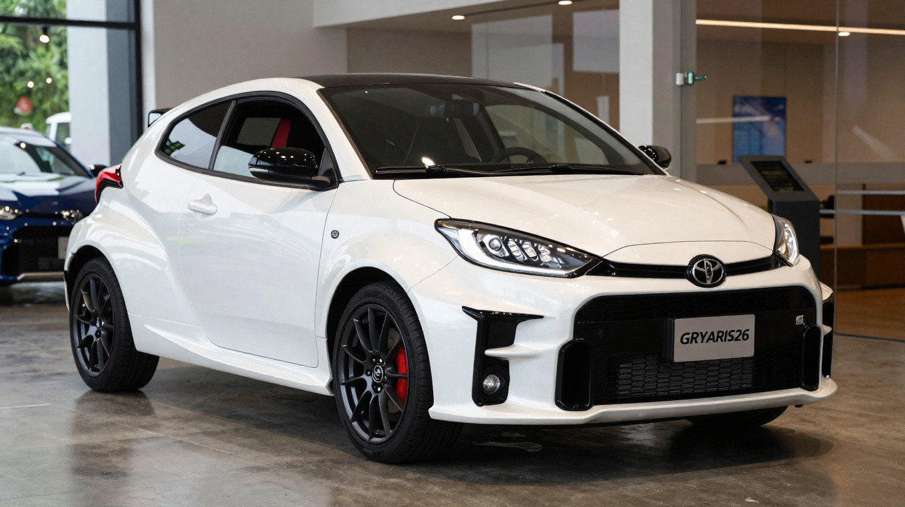 Carro esportivo branco Toyota GR Yaris 26 estacionado em showroom moderno.