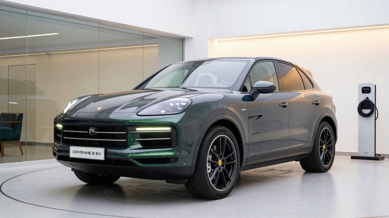 Carro elétrico Porsche Cayenne S EV verde escuro estacionado em showroom moderno, com estação de recarga ao lado.