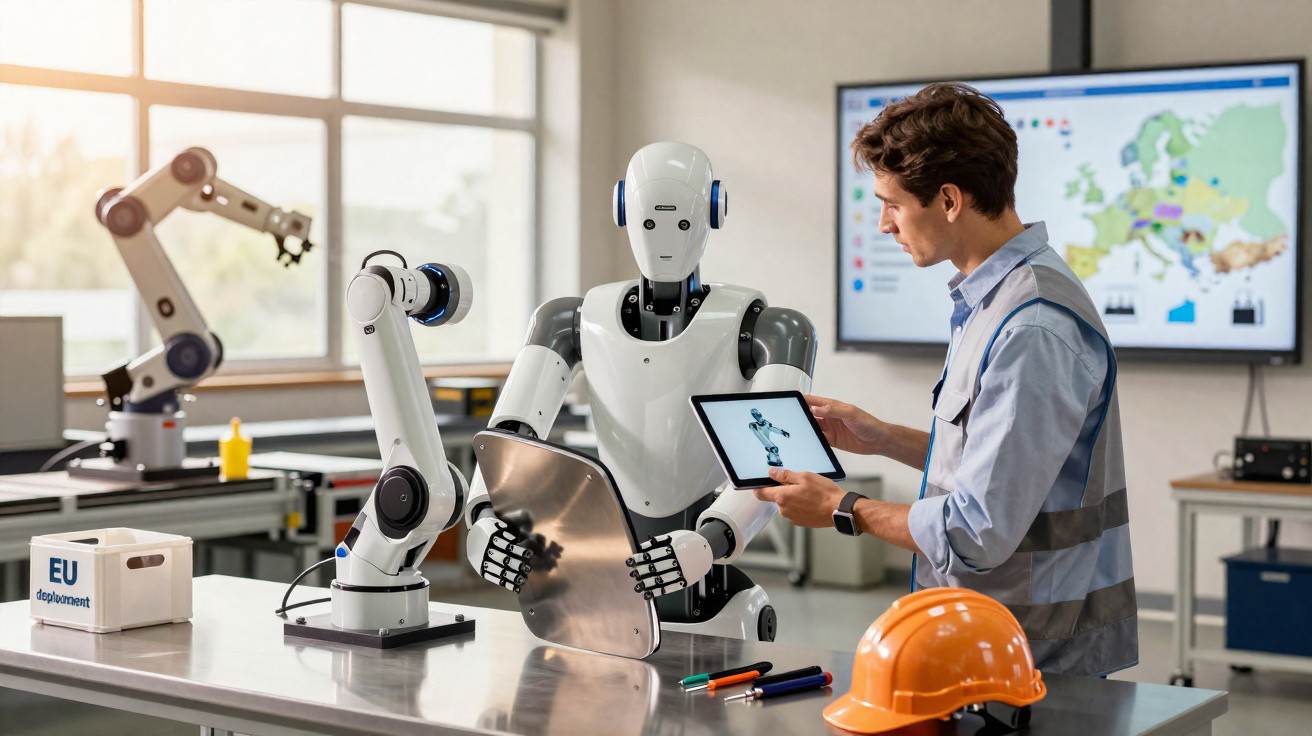 Homem interage com robô humanóide em laboratório de tecnologia e robótica industrial.