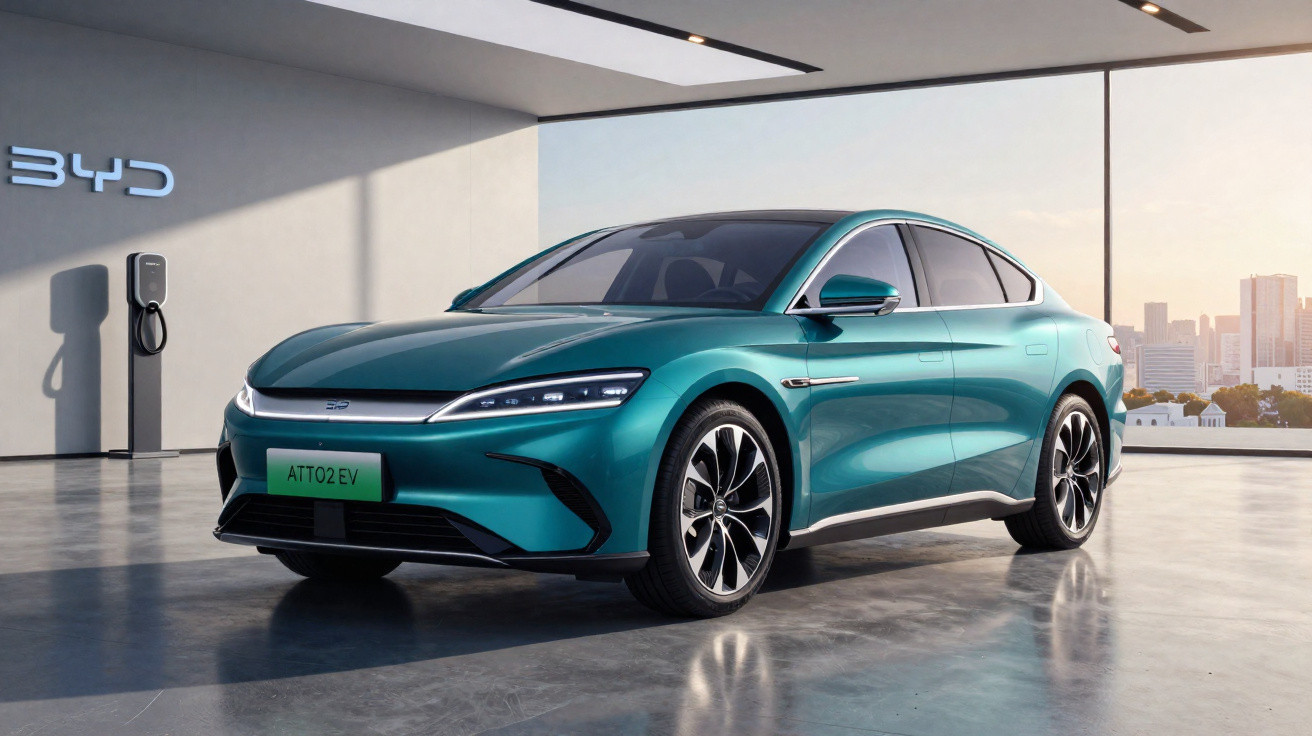 Carro elétrico sedã azul metálico BYD ATT02 EV estacionado em garagem moderna com parede branca e janela grande.