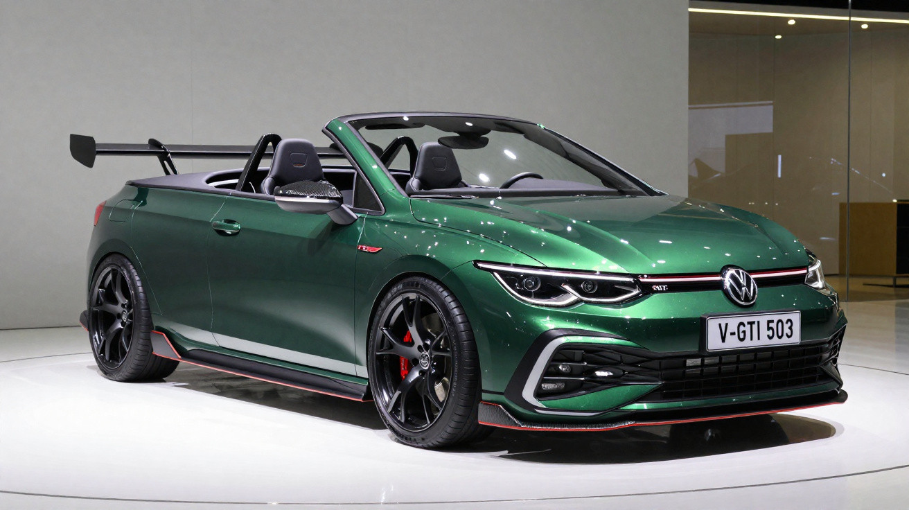 Carro conversível Volkswagen GTI verde metálico em exposição, com rodas pretas e aerofólio traseiro.