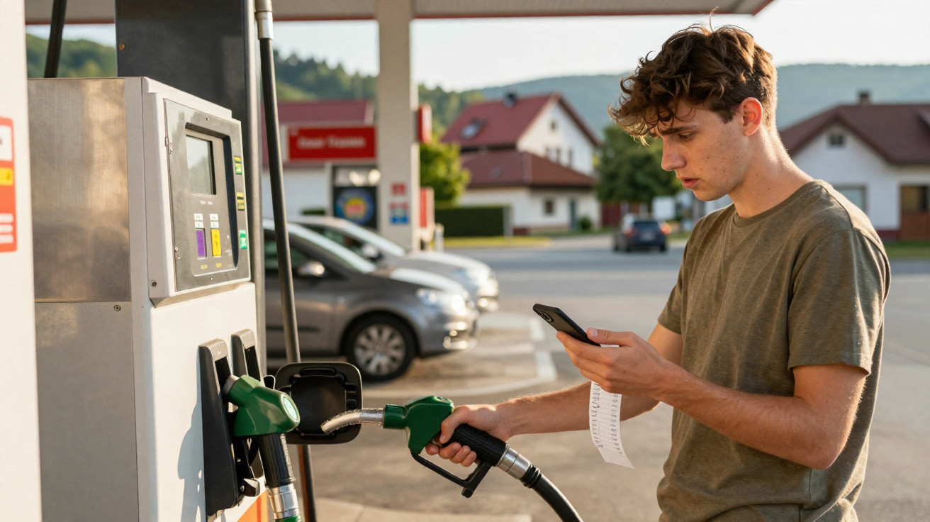 Jovem segurando bomba de combustível e celular em posto de gasolina, conferindo o recibo.