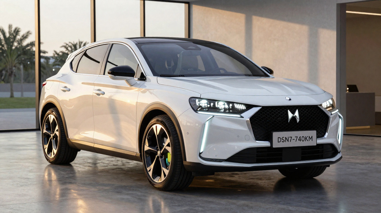Carro SUV branco estacionado em garagem moderna com janelas grandes e luz natural ao entardecer.